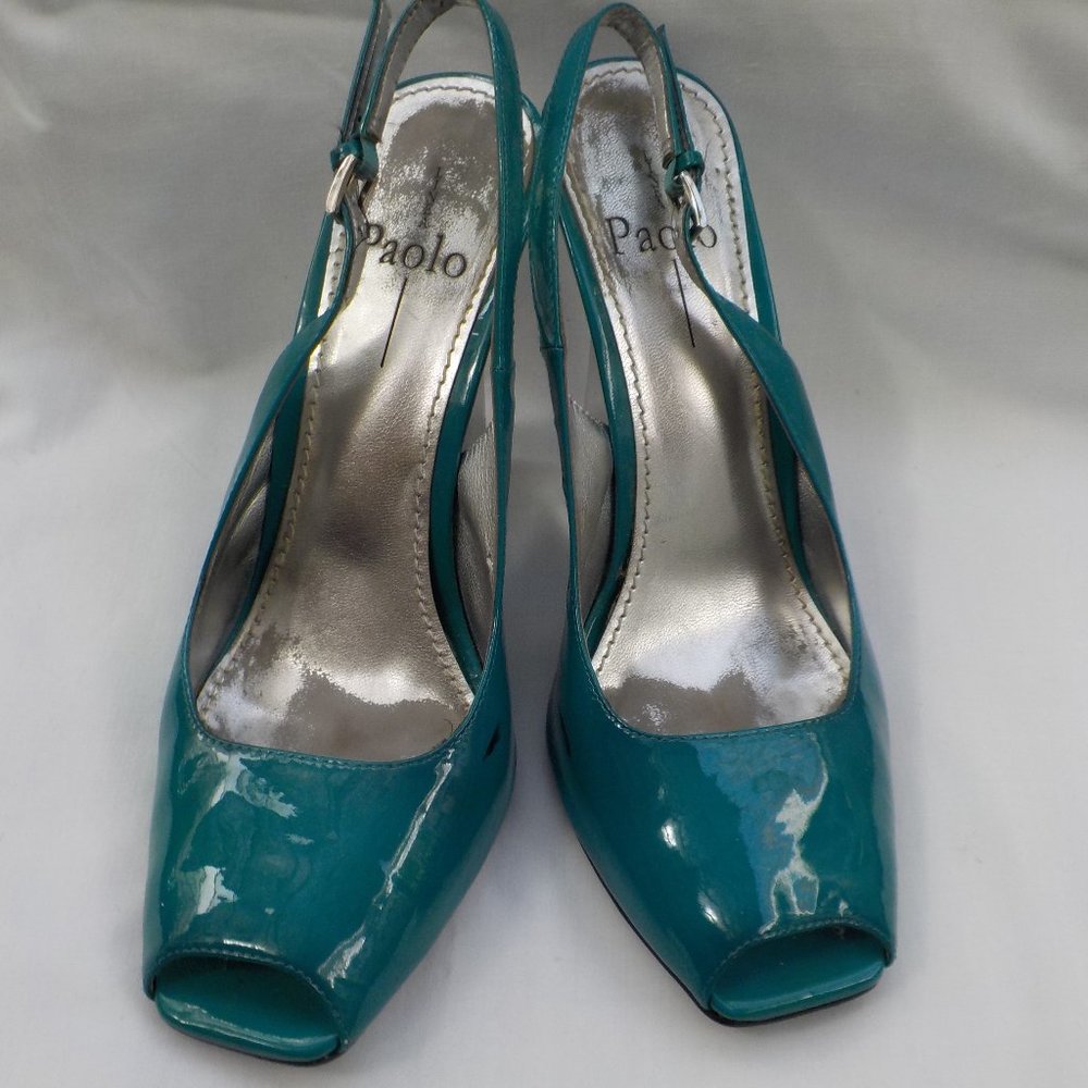 Gorgeous Linea Paolo Peep-toe Wedge Sandals Turquoise and Silver SZ 8/ 8.5 N/M - Picture 2 of 16